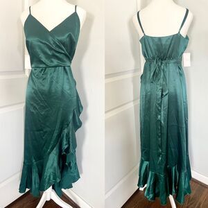 NEW Birdy Grey YC Dress in Emerald Satin - Size XXL Ruffle Faux Wrap Style NWT
